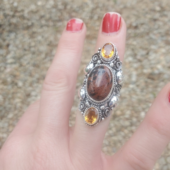 New Witchy Mahogany Obsidian & Citrine 925 Silver Statement Ring. - Picture 14 of 16